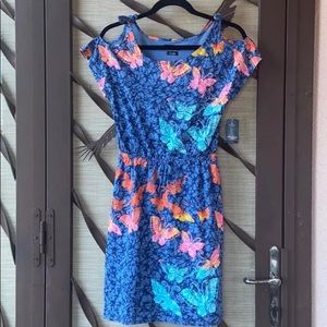 New Lucky Brand Blue Floral Cold Shoulder Short Sleeve Mini Dress